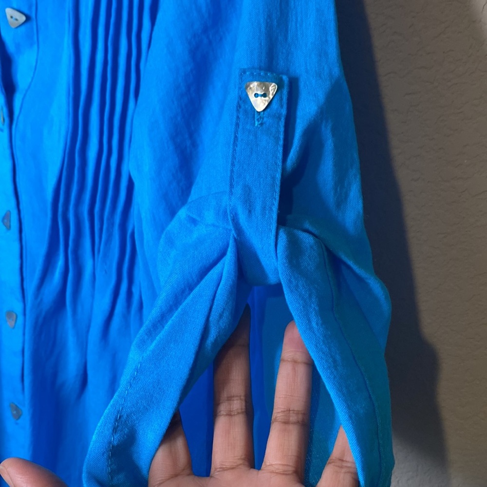 Fridaze 100% Linen Roll Tab Button Up Turquoise S… - image 3